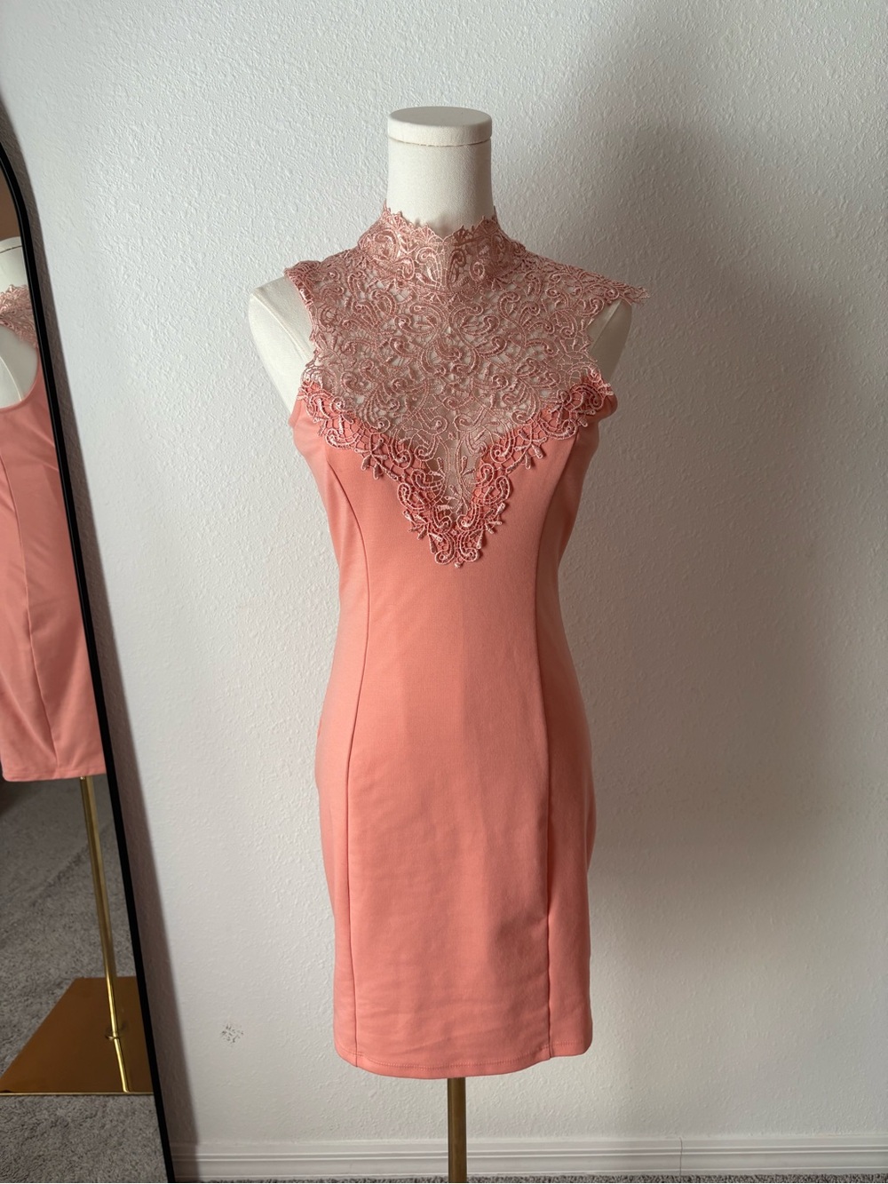 Sleeveless Lace Yoke Sheath Dress in Coral